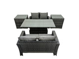 Fimous Outdoor Love Sofa Set 4 Seat Rattan Garden Furniture Set with Adjustable Lifting Dining or Coffee Table Dark Grey Mixed