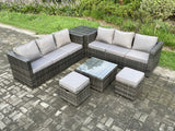 Fimous 8 Seater Rattan Garden Furniture Sofa Set with Side Table Square Coffee Table 2 Small Footstool Indoor Outdoor Rattan Set Dark Grey Mixed