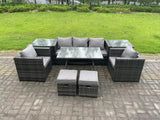 Fimous Rattan Outdoor Furniture Sofa Garden Dining Set with Dining Table 2 Armchairs 2 Side Tables Small Stools Dark Grey Mixed