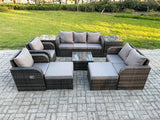 Fimous Rattan Garden Furniture 9 Piece Patio Set Table Sofa Chairs With 2 Big Footstool 2 Side Tables