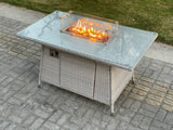 Fimous Rattan Garden Furniture Set Gas Fire Pit Lounge Sofa Chair Dining Set With Side Table And 2 PC Arm Chair Stools