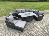 Fimous Garden Patio Furniture Wicker Rattan Gas Fire Pit Table and Sofa Chair set with 2 Side Tables Big Footstool