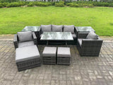 Fimous 8 Seater Rattan Outdoor Furniture Sofa Garden Dining Set with Dining Table 2 Armchairs 2 Side Tables 3 Stools Dark Grey Mixed
