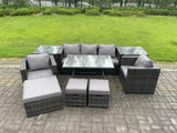 Fimous 8 Seater Rattan Outdoor Furniture Sofa Garden Dining Set with Dining Table 2 Armchairs 2 Side Tables 3 Stools Dark Grey Mixed
