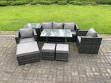 Fimous Rattan Outdoor Furniture Sofa Garden Dining Set with Dining Table 2 Armchairs Side Table 3 Stools 8 Seater Dark Grey Mixed