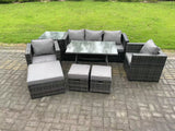 Fimous Rattan Outdoor Furniture Sofa Garden Dining Set with Dining Table 2 Armchairs Side Table 3 Stools 8 Seater Dark Grey Mixed
