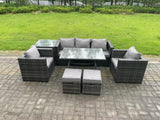 Fimous 7 Seater Rattan Outdoor Furniture Garden Dining Set with Lounge Sofa Dining Table 2 Armchairs Small Stools Dark Grey Mixed