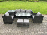 Fimous 7 Seater Rattan Outdoor Furniture Garden Dining Set with Lounge Sofa Dining Table 2 Armchairs Small Stools Dark Grey Mixed
