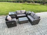 Fimous High Back Rattan Garden Furniture Set with Loveseat Sofa Rectangular Coffee Table 2 Side Tables Indoor Outdoor Patio Lounge Sofa Set Dark Grey Mixed