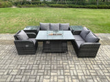 Fimous Garden Patio Furniture Wicker Rattan Gas Fire Pit Table and Sofa Chair set with 2 Side Tables