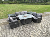 Fimous Garden Patio Furniture Wicker Rattan Gas Fire Pit Table and Sofa Chair set with 2 Side Tables