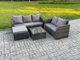 Fimous PE Rattan Garden Furniture Sets 6 Seater Outdoor Lounge Sofa Set Square Coffee Table Big Footstool