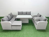 Fimous PE Rattan High Back Lounge Sofa Set Patio Adjustable Lifting Dining or Coffee Table & Chairs Set with 3 Seater Sofa Reclining Chair Big Footstool Side Table Light Grey