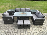 Fimous Garden Patio Furniture Wicker Rattan Gas Fire Pit Table and Sofa Chair set with 2 Side Tables 2 Small Footstool