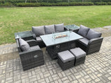 Fimous Garden Patio Furniture Wicker Rattan Gas Fire Pit Table and Sofa Chair set with 2 Side Tables 2 Small Footstool