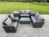 Fimous Rattan Garden Furniture Set Patio Outdoor Lounge Sofa Set with 2 Reclining Chairs Rectangular Coffee Table 2 Side Tables Dark Grey Mixed