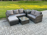 Fimous PE Rattan Garden Furniture Sets 6 Seater Outdoor Lounge Sofa Set Square Coffee Table Big Footstool Side Table