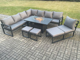 Fimous Aluminium Lounge Corner Sofa Outdoor Garden Furniture Sets Gas Fire Pit Dining Table Sets with 3 Footstools Dark Grey