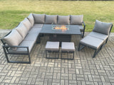 Fimous Aluminium Lounge Corner Sofa Outdoor Garden Furniture Sets Gas Fire Pit Dining Table Sets with 3 Footstools Dark Grey