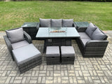 Fimous Garden Patio Furniture Wicker Rattan Gas Fire Pit Table and Sofa Chair set with 2 Side Tables 3 Footstool
