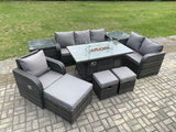 Fimous Garden Patio Furniture Wicker Rattan Gas Fire Pit Table and Sofa Chair set with 2 Side Tables 3 Footstool