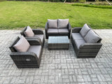 Fimous Rattan Garden Furniture Set Patio Outdoor Lounge Sofa Set with 2 Reclining Chairs Rectangular Coffee Table Dark Grey Mixed