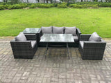 Fimous 5 Seater Wicker Rattan Outdoor Furniture Garden Dining Set with Sofa Oblong Dining Table Armchairs Side Table Dark Grey Mixed