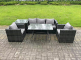 Fimous 5 Seater Wicker Rattan Outdoor Furniture Garden Dining Set with Sofa Oblong Dining Table Armchairs Side Table Dark Grey Mixed