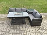 Fimous Rattan Garden Furniture Set with Gas Fire Pit Table,Side Table 4 Pieces Outdoor Lounge Sofa Set Dark Grey Mixed