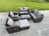 Fimous Rattan Garden Furniture Set Patio Outdoor Lounge Sofa Set with 2 Reclining Chairs Rectangular Coffee Table Big Footstool Dark Grey Mixed
