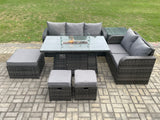 Fimous Garden Patio Furniture Wicker Rattan Gas Fire Pit Table and Sofa Chair set with Side Table 3 Footstools Dark Grey Mixed