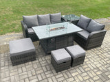 Fimous Garden Patio Furniture Wicker Rattan Gas Fire Pit Table and Sofa Chair set with Side Table 3 Footstools Dark Grey Mixed