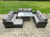Fimous Patio Garden Dining Set Outdoor Rattan Furniture Lounge Sofa Height Adjustable Rising lifting Table With Big Footstool Dark Grey Mixed