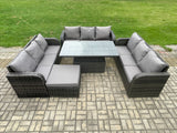 Fimous Patio Garden Dining Set Outdoor Rattan Furniture Lounge Sofa Height Adjustable Rising lifting Table With Big Footstool Dark Grey Mixed