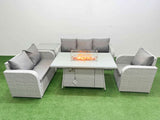 Fimous Patio PE Wicker 6 Seater Outdoor Rattan Furniture Sofa Sets with Firepit Dining Table Reclining Chair Loveseat Sofa 3 Seater Sofa Side Table Light Grey