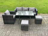 Fimous PE Rattan Outdoor Furniture Garden Dining Set with Oblong Dining Table Armchair 2 Small Footstools Dark Grey Mixed