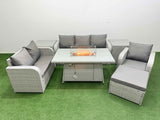 Fimous Patio PE Wicker 7 Seater Outdoor Rattan Furniture Sofa Sets with Firepit Dining Table Reclining Chair Loveseat Sofa 3 Seater Sofa Big Footstool 2 Side Table Light Grey