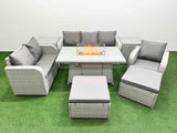 Fimous Patio PE Wicker 8 Seater Outdoor Rattan Furniture Sofa Sets with Firepit Dining Table Reclining Chair Loveseat Sofa 3 Seater Sofa 2 Big Footstools 2 Side Table  Light Grey