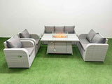 Fimous PE Rattan Garden Furniture Set Reclining Chair Sofa Double Love Seat 2 Seater Sofa Lounge Set Firepit Dining Table Light Grey