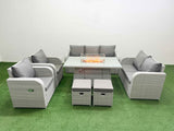 Fimous PE Rattan Garden Furniture Set Reclining Chair Sofa Double Love Seat 2 Seater Sofa Lounge Set Firepit Dining Table 2 Stools Light Grey