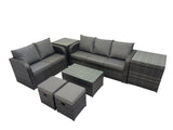 Fimous Outdoor Love Sofa 3 Seater Sofa Coffee Table Set Garden Rattan Furniture Set 7 Seater with 2 Small Stools 2 Side Tables Dark Grey