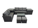 Fimous Outdoor Love Sofa 3 Seater Sofa Coffee Table Set Garden Rattan Furniture Set 7 Seater with 2 Small Stools 2 Side Tables Dark Grey