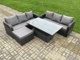 Fimous Outdoor Rattan Garden Furniture Sets Height Adjustable Rising lifting Dining Table Sofa Set with Big Footstool Dark Grey Mixed