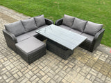 Fimous Outdoor Rattan Garden Furniture Sets Height Adjustable Rising lifting Dining Table Sofa Set with Big Footstool Dark Grey Mixed
