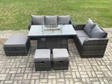 Fimous Garden Patio Furniture Wicker Rattan Gas Fire Pit Table and Sofa Chair set with 3 Footstools Dark Grey Mixed