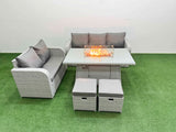 Fimous 7 Seater PE Rattan Wicker Garden Furniture Patio Conservatory Sofa Set with Firepit Dining Table 3 Seater Sofa Love Sofa 2 Stools