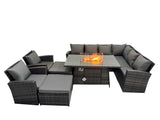 Fimous Outdoor Furniture Garden Dining Set Rattan Corner Sofa Chair Sets Gas Fire Pit Table with Temper Glass 2 Big Footstools Dark Grey Mixed