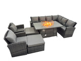 Fimous Outdoor Furniture Garden Dining Set Rattan Corner Sofa Chair Sets Gas Fire Pit Table with Temper Glass 2 Big Footstools Dark Grey Mixed
