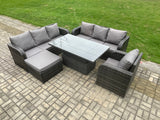 Fimous 8 Seater Outdoor Rattan Garden Furniture Sets Height Adjustable Rising lifting Dining Table Sofa Set with Reclining Chair Big Footstool Dark Grey Mixed