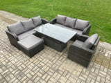Fimous 8 Seater Outdoor Rattan Garden Furniture Sets Height Adjustable Rising lifting Dining Table Sofa Set with Reclining Chair Big Footstool Dark Grey Mixed